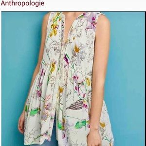 Anthropologie Nia White Floral Button-Down Tunic Top Size Medium High-Low Hem